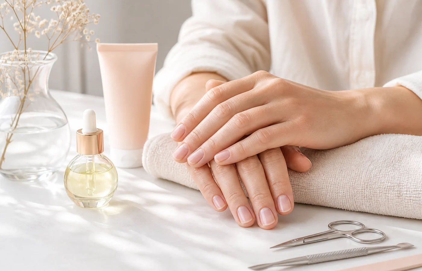 Ruhiger Nagelpflege-Moment mit Händen, Creme und Öl