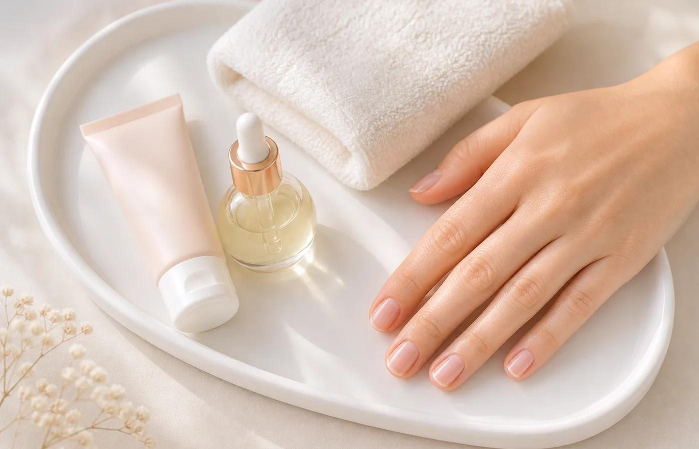 Kutikulaöl, Handcreme und natürliche Nägel auf einer hellen Ablage