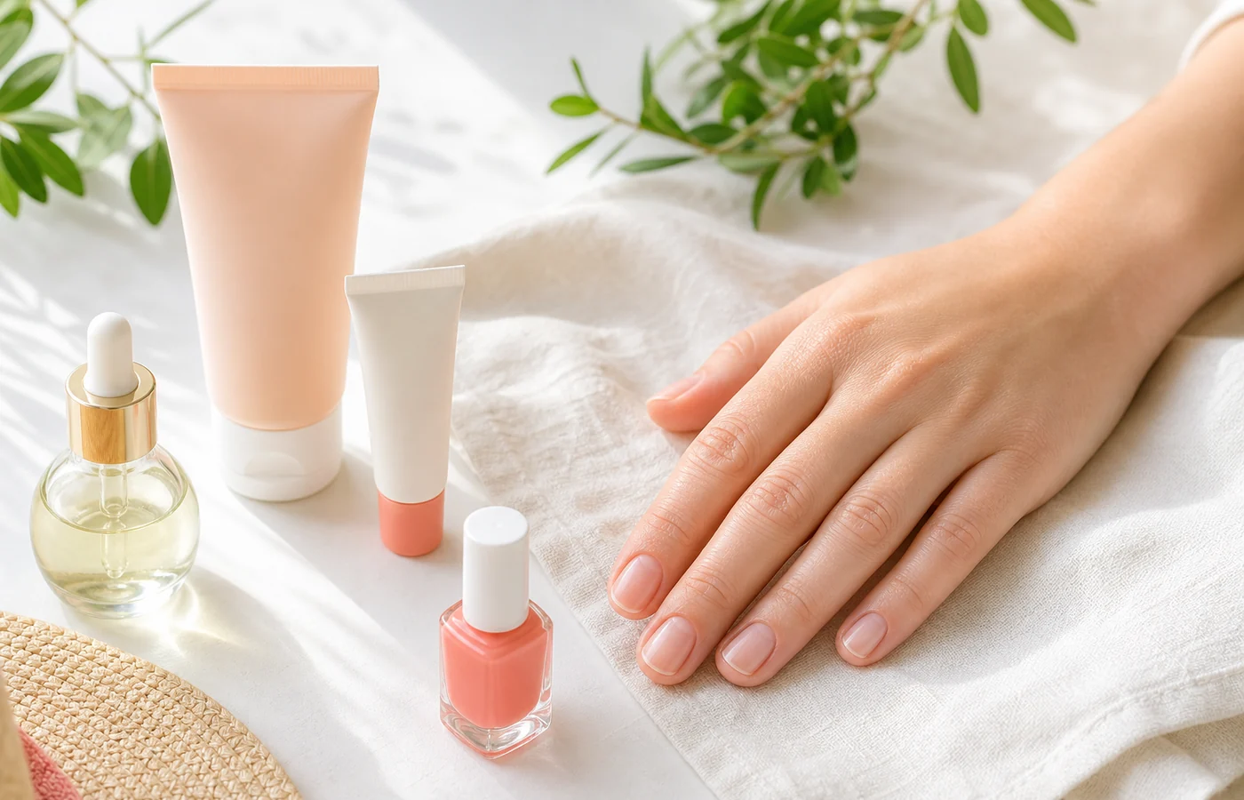 Sommerliche Handpflege mit Creme, hellem Tuch und zarten Farbtönen